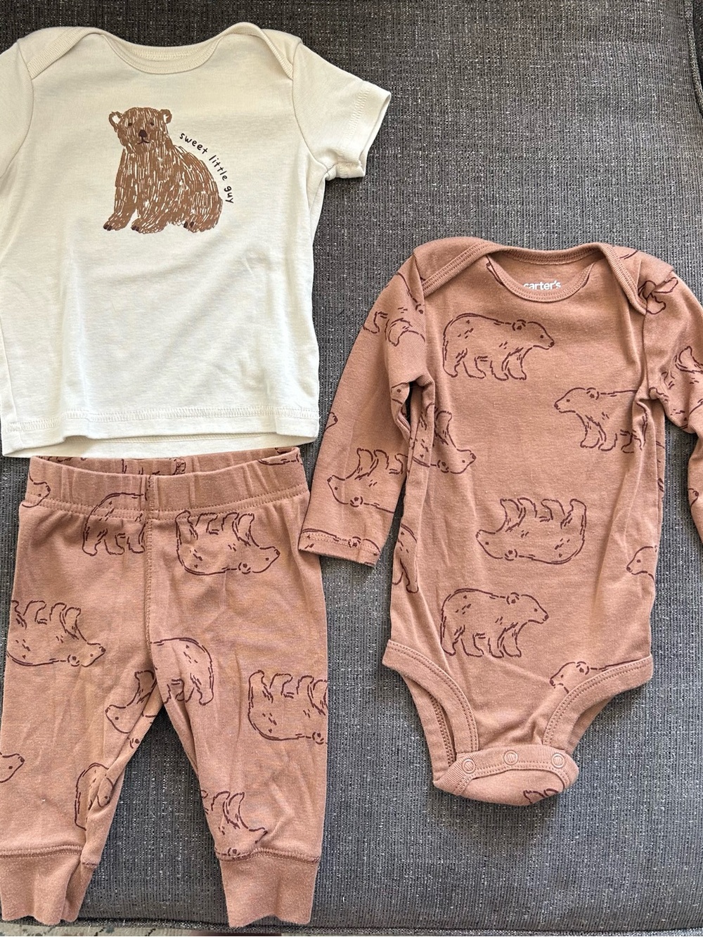 5/$25 Carters Baby Boy Bear Print 3-Piece Baby Set - Cream & Dusty Rose 3-6M
